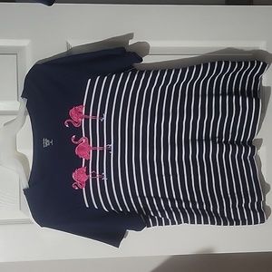 Blue t-shirt with white stripes and hot pink flamingo appliques, size XL